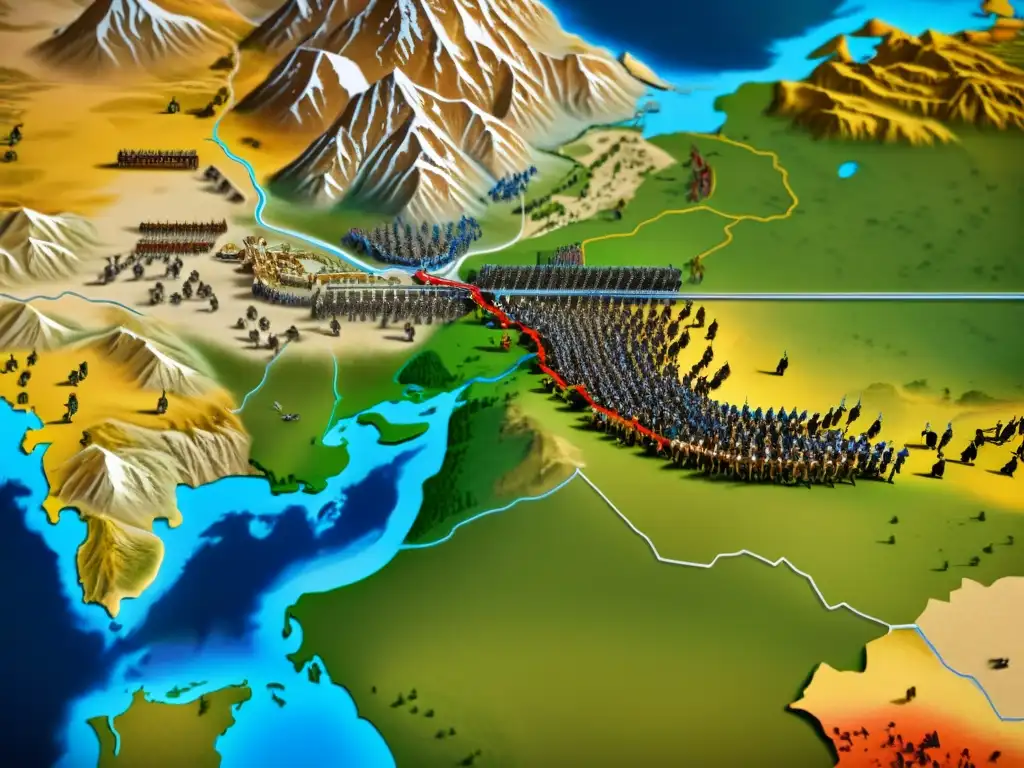 Vista detallada de la expansión del Imperio Mongol en Europa, mostrando paisajes diversos y el impacto de las invasiones mongolas en Europa