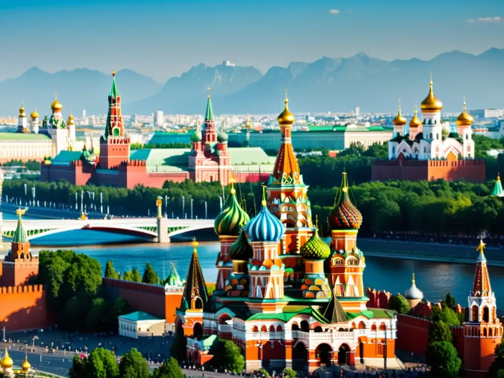 Vista detallada del Kremlin de Moscú al atardecer, con cúpulas de San Basilio al fondo, evocando la transición de poder en Rusia postmongola