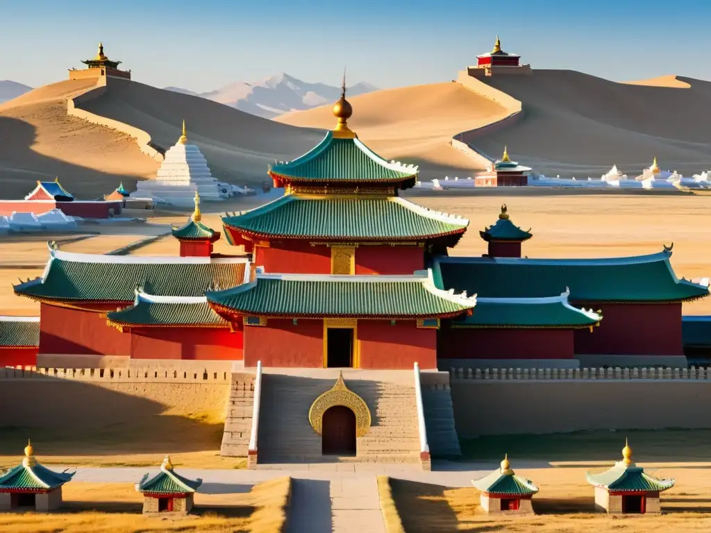 Vista detallada del monasterio Erdene Zuu, con su arquitectura intrincada y 108 estupas, destacando en la serena estepa mongol