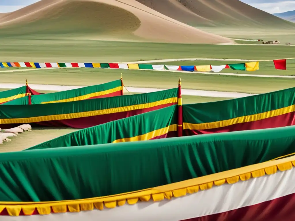 Vista detallada del Monasterio de Erdene Zuu en Kharkhorin, Mongolia, con banderas de oración y monjes realizando rituales