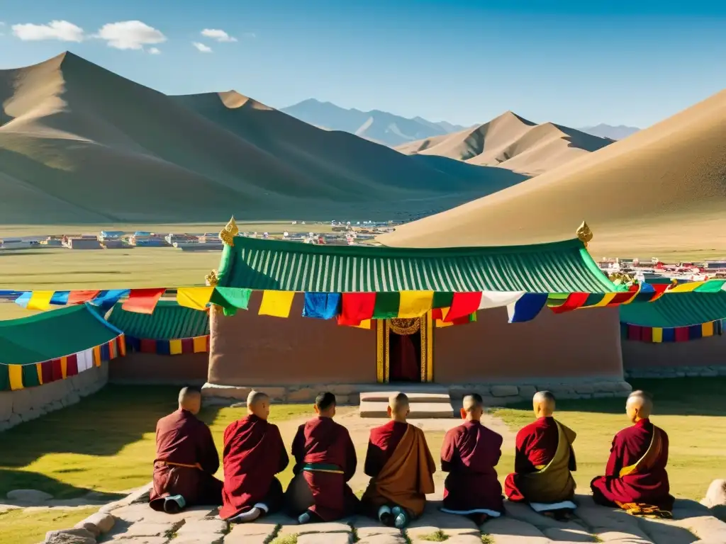 Vista detallada en 8k del Monasterio budista Erdene Zuu en Mongolia, con monjes rezando y orando en un patio sereno