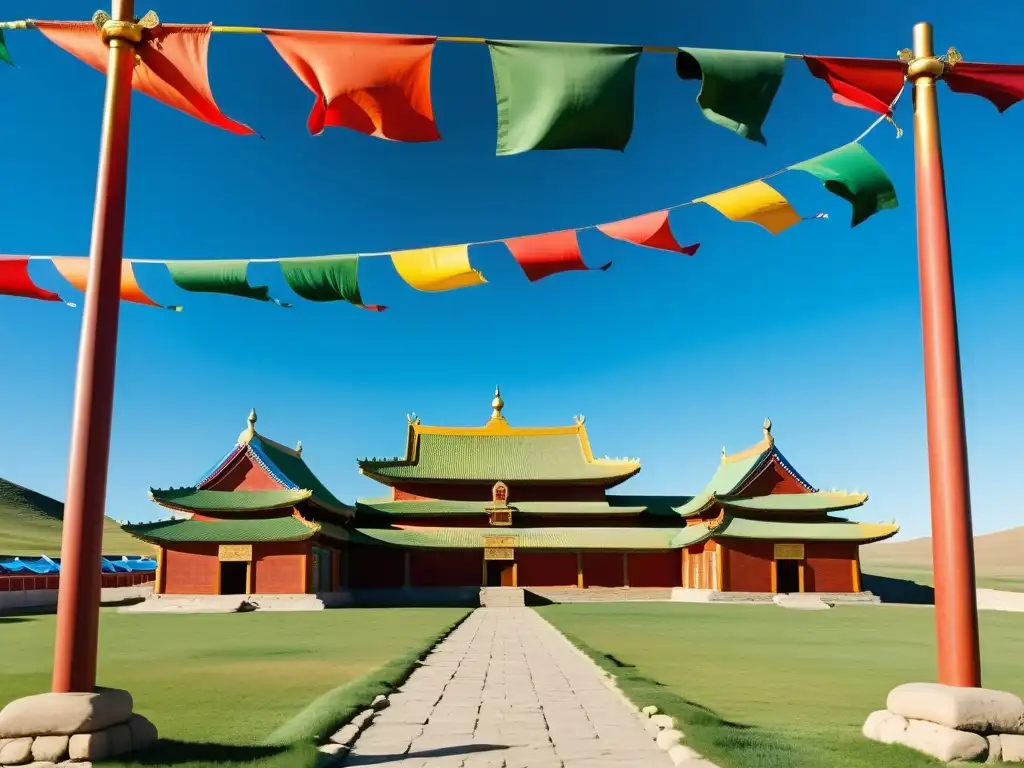 Vista detallada del Monasterio de Erdene Zuu en Mongolia, con columnas talladas y banderas de oración