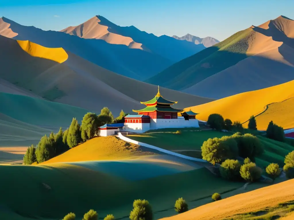 Vista detallada en 8k del Monasterio de Baldan Bereeven al amanecer en Mongolia, con colores vibrantes y paisaje sereno