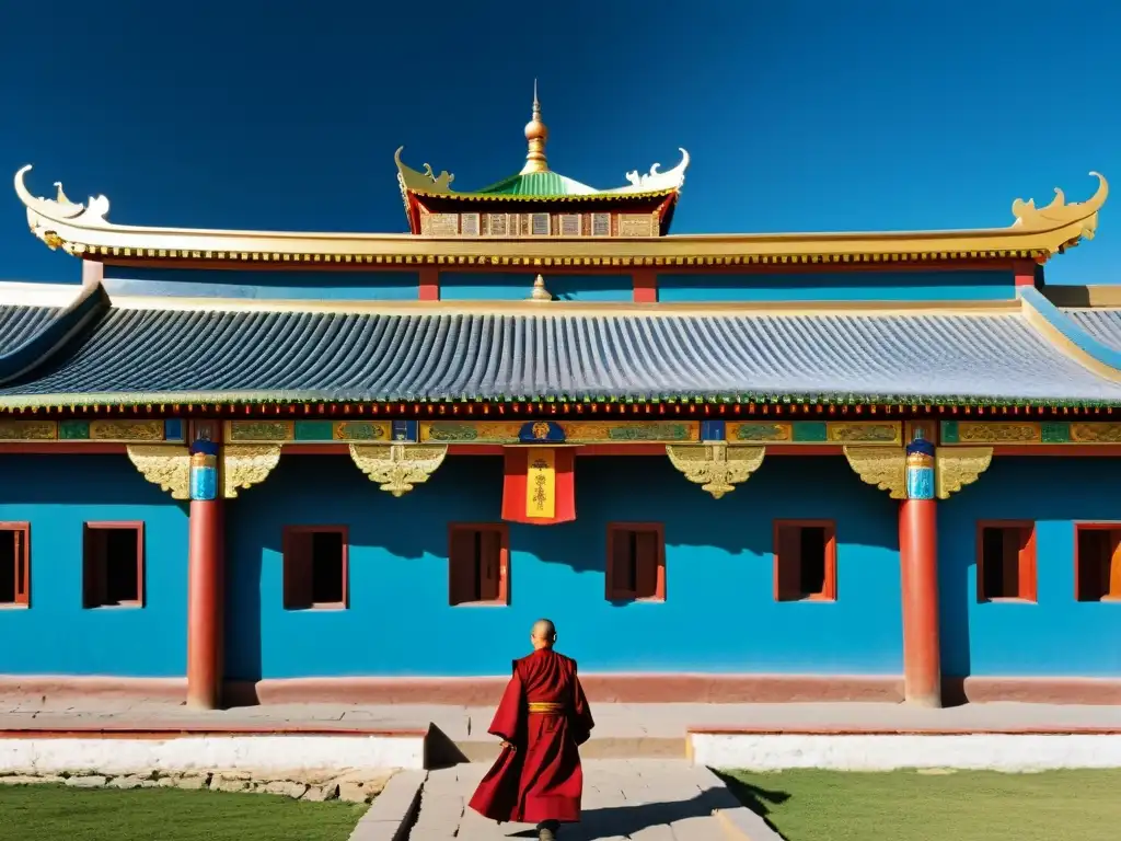 Vista detallada del Monasterio Gandantegchinlen en Ulán Bator, Mongolia, con monjes y ornamentos, un lugar turístico en Ulán Bator