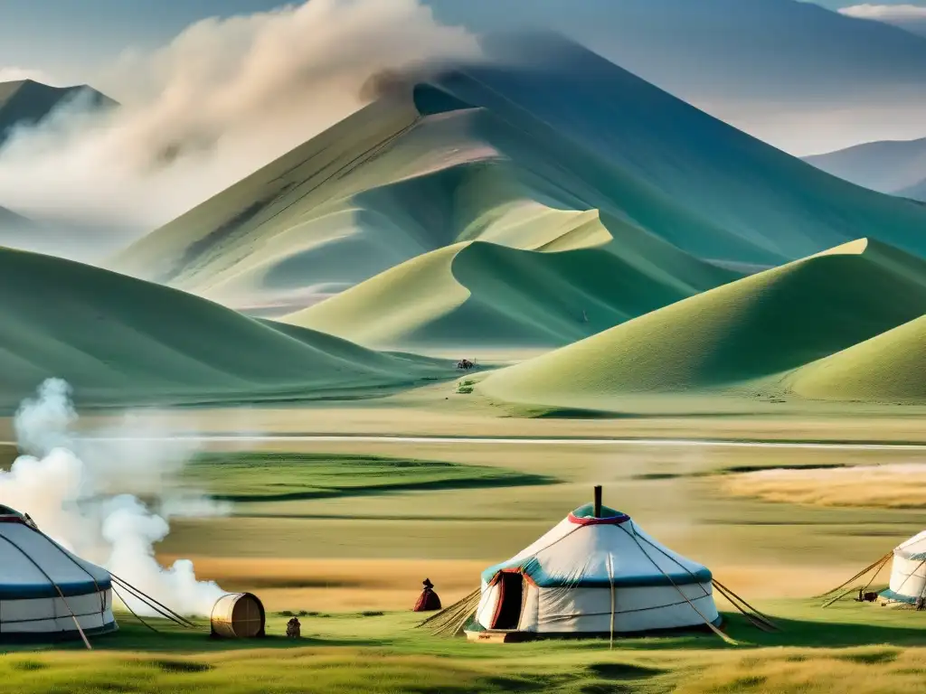 Vista detallada de yurtas mongolas en la estepa, con innovaciones en comunicaciones de larga distancia