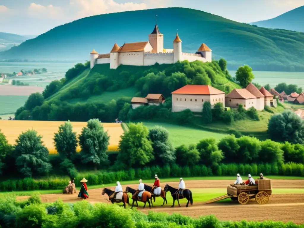 Vista detallada de un pueblo medieval en Europa del Este, con la vida campesina y el señor feudal imponiendo su autoridad desde su castillo