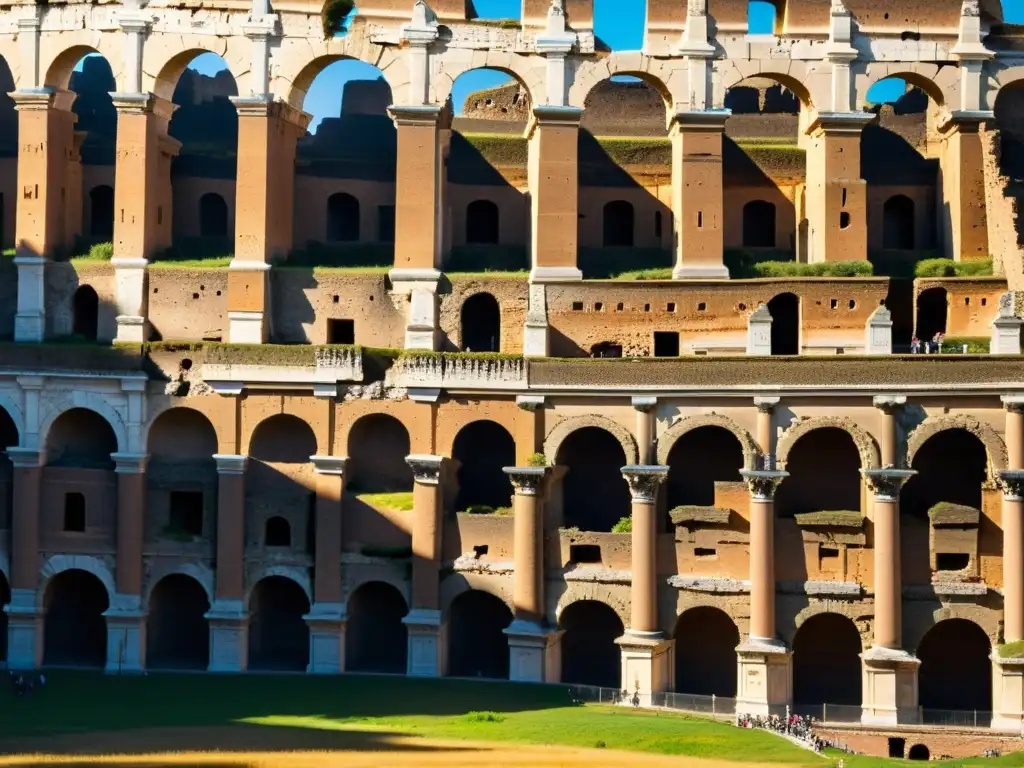 Una vista detallada de las ruinas del Coliseo en Roma, con intrincados grabados y piedra desgastada que muestra el paso del tiempo