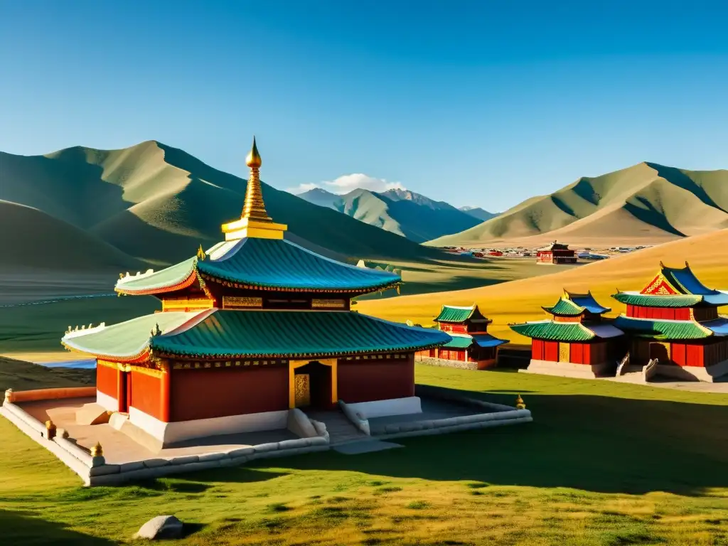 Vista detallada de un templo budista mongol en medio de un paisaje sereno