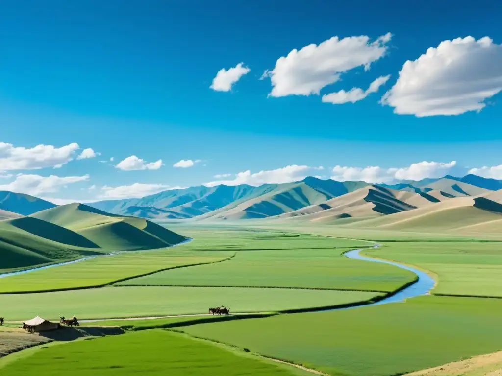 Vista épica de la agricultura en el Imperio Mongol, con paisaje inmenso y técnicas tradicionales