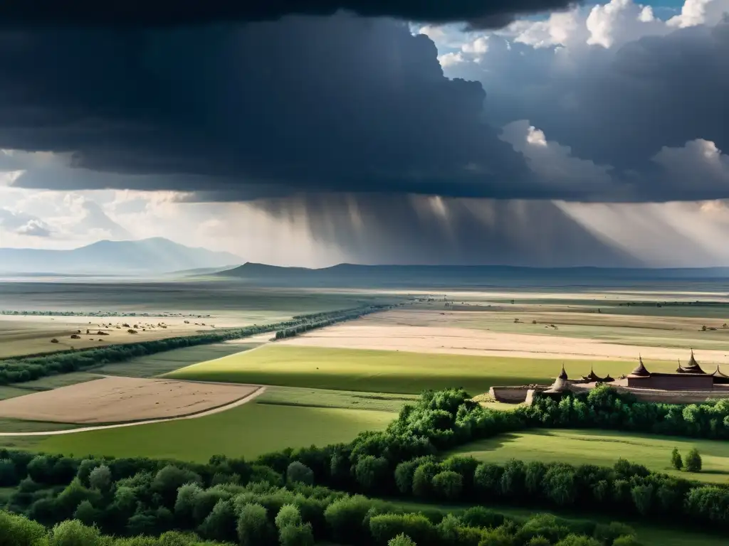 Vista épica del campo de batalla del río Kalka, con ejércitos antiguos de Mongoles y Rus de Kiev