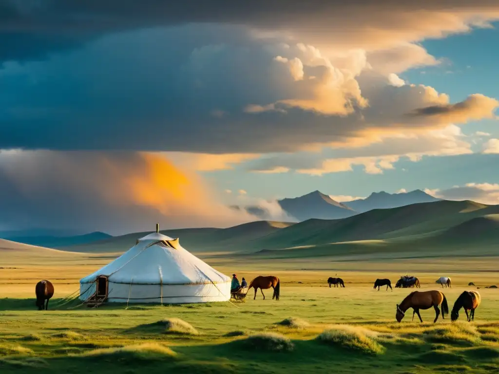 Vista espectacular de las estepas mongoles, con un campamento nómada y un cielo dramático