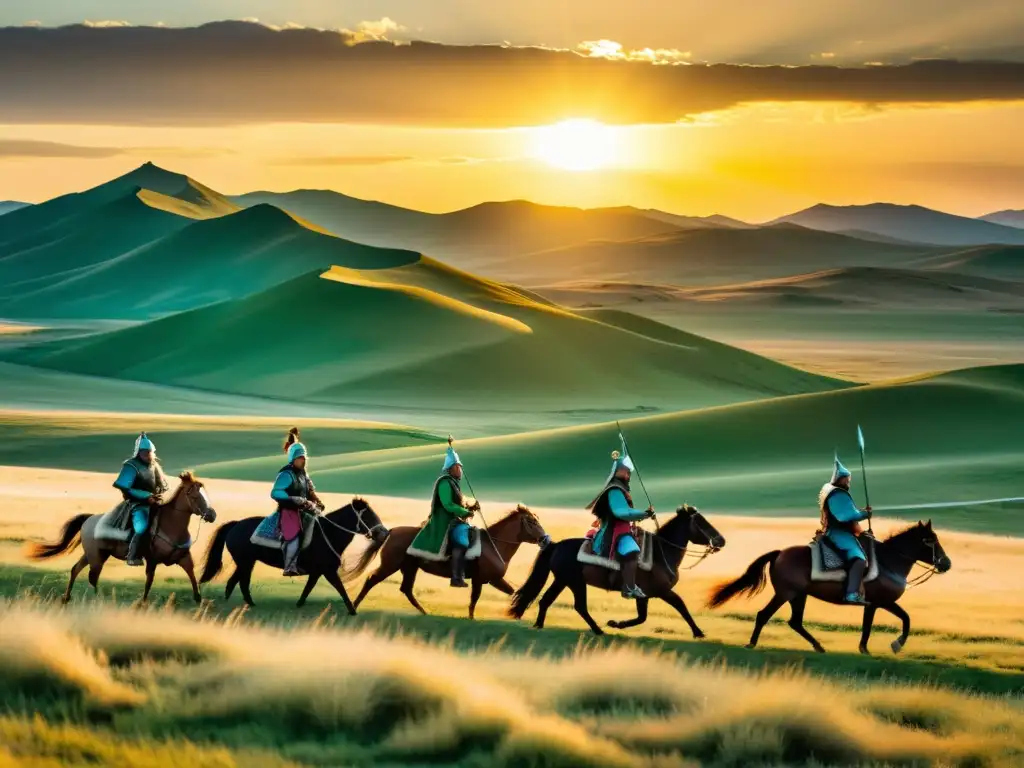 Vista espectacular de la estepa mongola con guerreros a caballo y el atardecer, reflejando la asimilación de pueblos sometidos por el Imperio Mongol