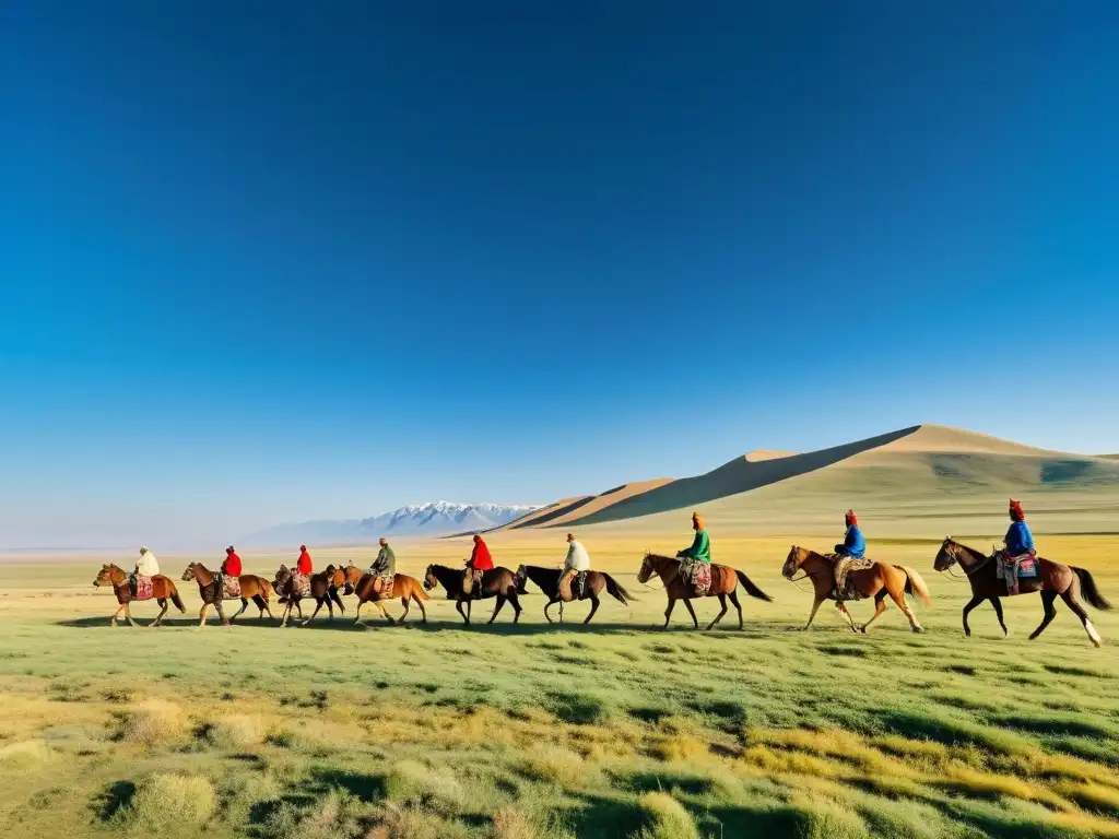 Vista expansiva de estepas eurasiáticas con tribu nómada en caballos, estrategias supervivencia nómadas estepas