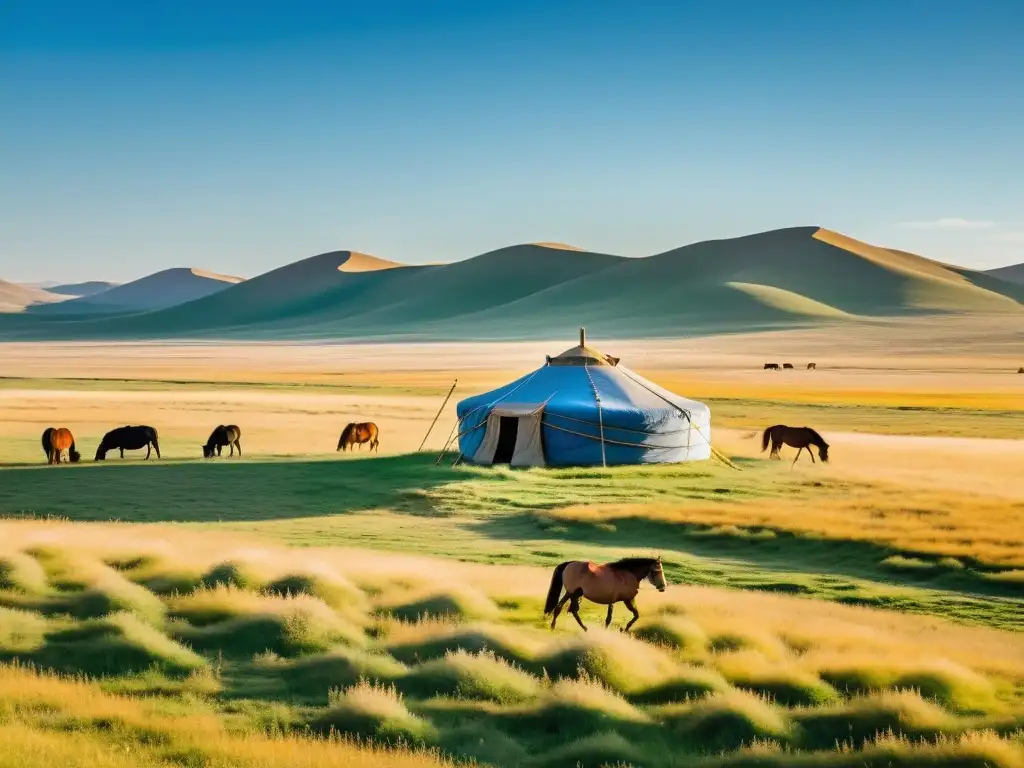 Una vista expansiva de las estepas mongoles con agricultura tradicional y un yurta solitario