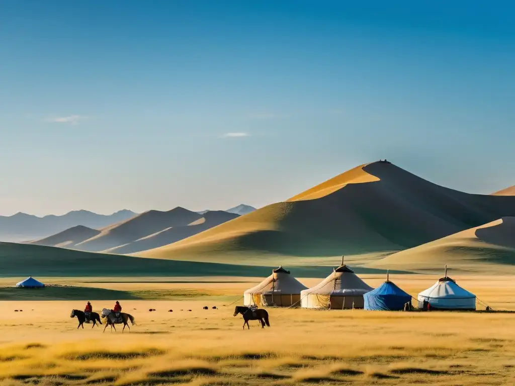 Vista expansiva de la vida nómada en estepas mongolas con yurtas y pastores tradicionales