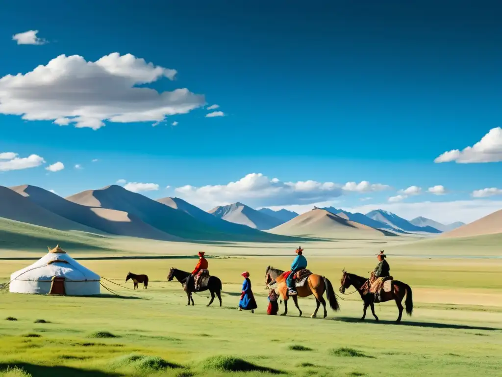 Vista de la estepa mongola con una familia nómada y sus caballos, reflejando el legado del Imperio Mongol en la Ruta de la Seda