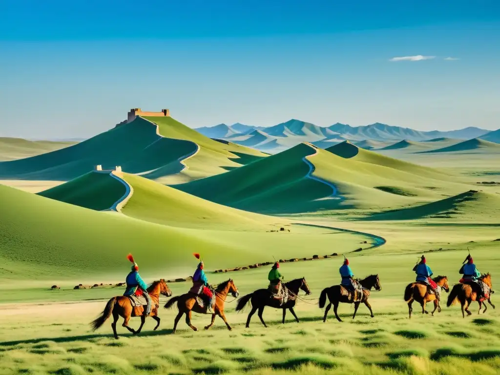 Vista de la estepa mongola con guerreros a caballo y fortaleza al fondo, reflejando la visión mongola para Asia