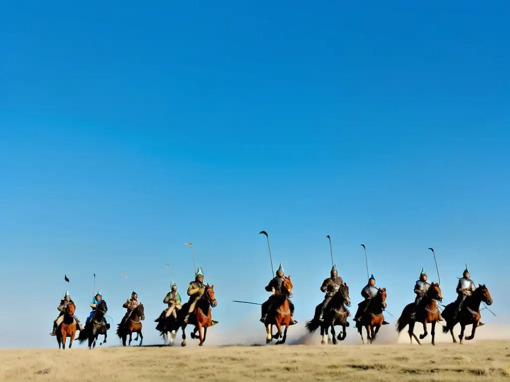 Vista de la estepa mongola con guerreros montados y estrategias militares de los mongoles en un día soleado