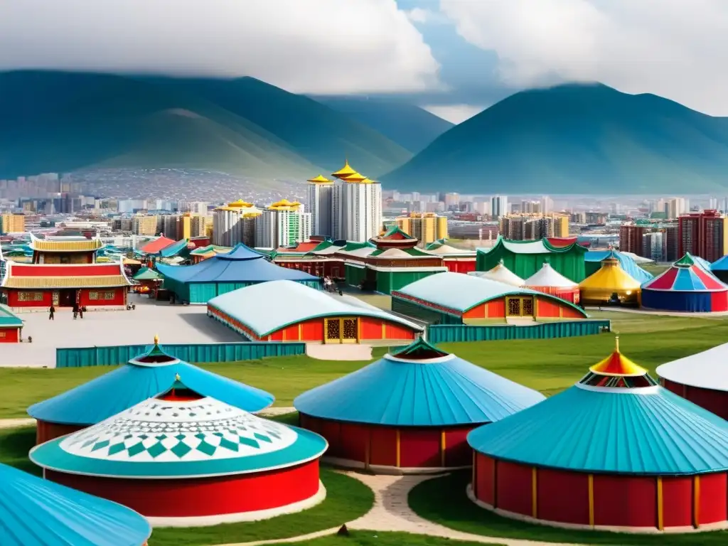 Vista impactante de yurtas tradicionales mongolas frente a modernos rascacielos en Ulaanbaatar