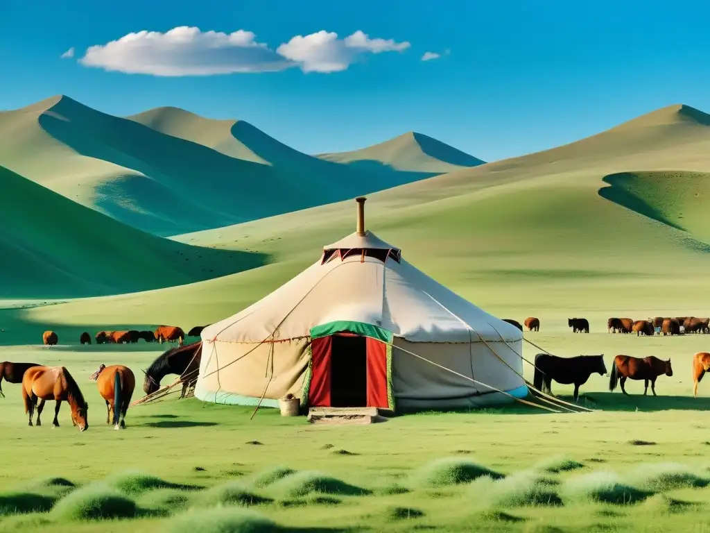 Vista impresionante de la estepa mongol con yurta y animales