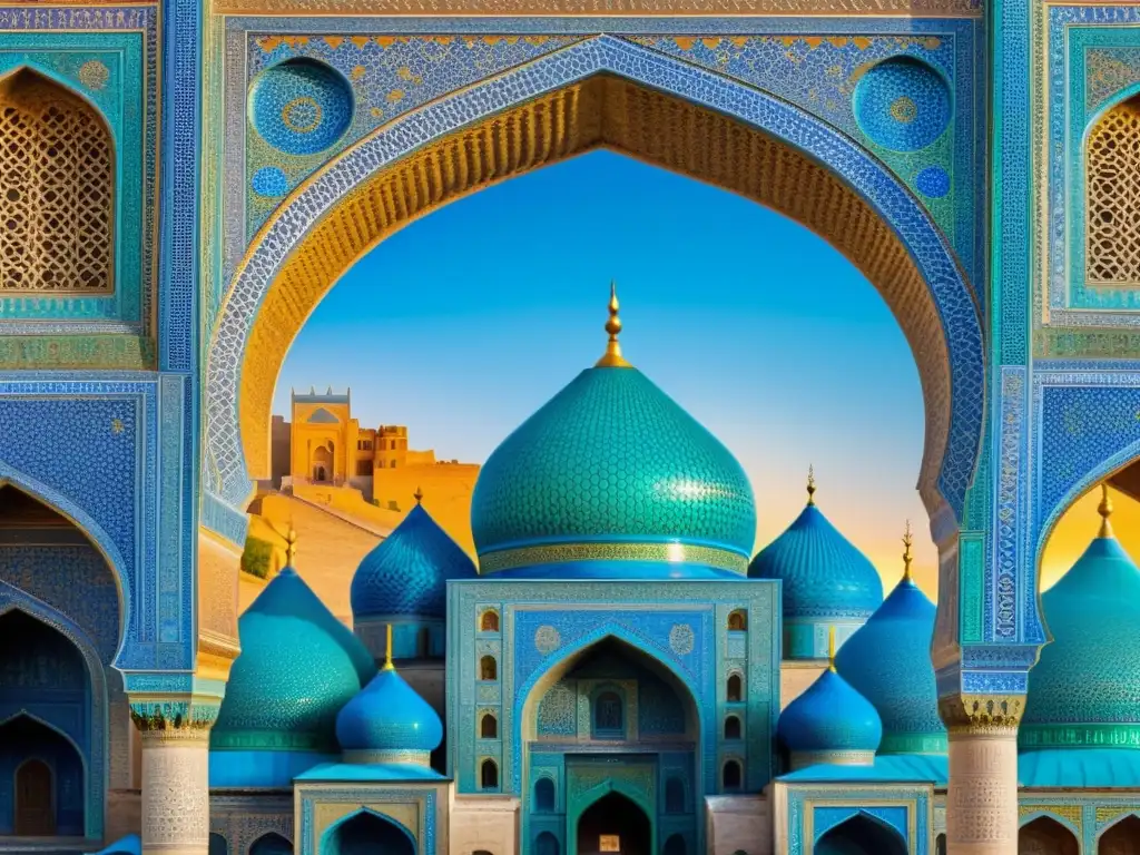 Vista impresionante de la antigua ciudad de Samarcanda con patrones de mosaico azul, minaretes y la Ruta de la Seda