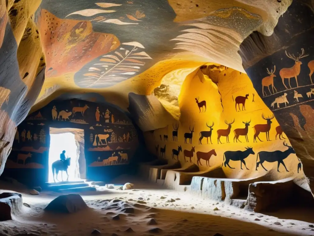 Vista impresionante de las antiguas pinturas en las Cuevas de Tsenkher, iluminadas por la tenue luz natural