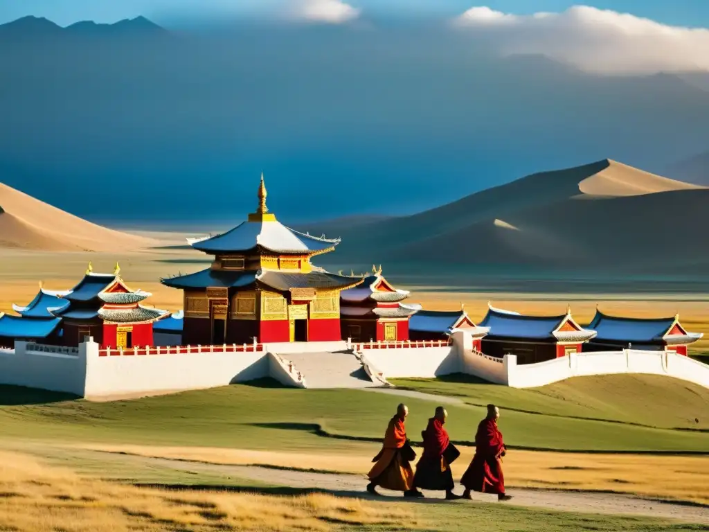 Vista impresionante de la arquitectura grandiosa y detalles del Monasterio Erdene Zuu en Mongolia, con monjes en saffron