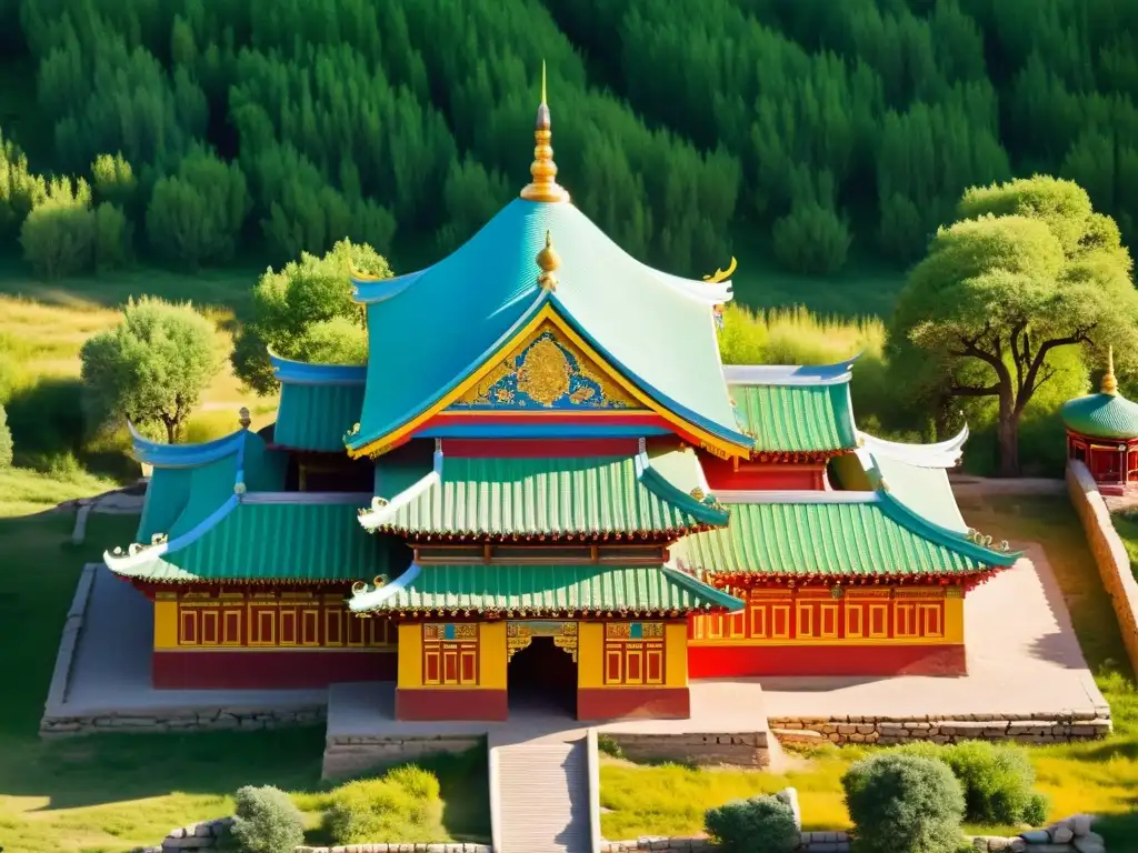 Vista impresionante de la arquitectura en el Imperio Mongol en el Monasterio de Erdene Zuu, con detalles ornamentales y paisaje exuberante