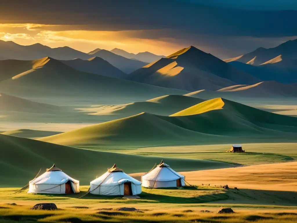 Vista impresionante de la estepa mongola al atardecer, evocando el legado de Genghis Khan en un paisaje intemporal