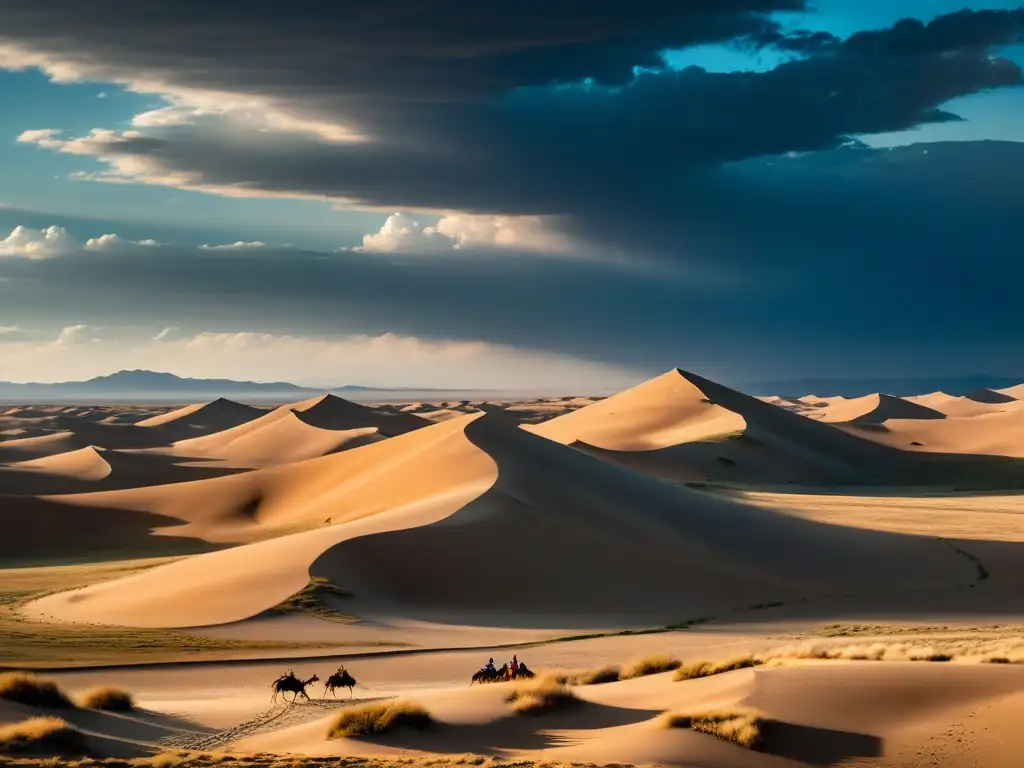 Vista impresionante de avances mongoles en desierto expansivo con dunas de arena, cielo dramático y yurtas en la distancia