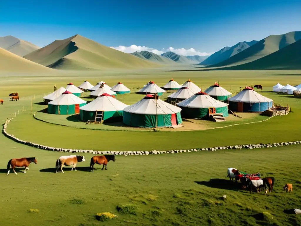 Vista impresionante de un campamento nómada tradicional mongol en el Tíbet, con yurtas y animales pastando