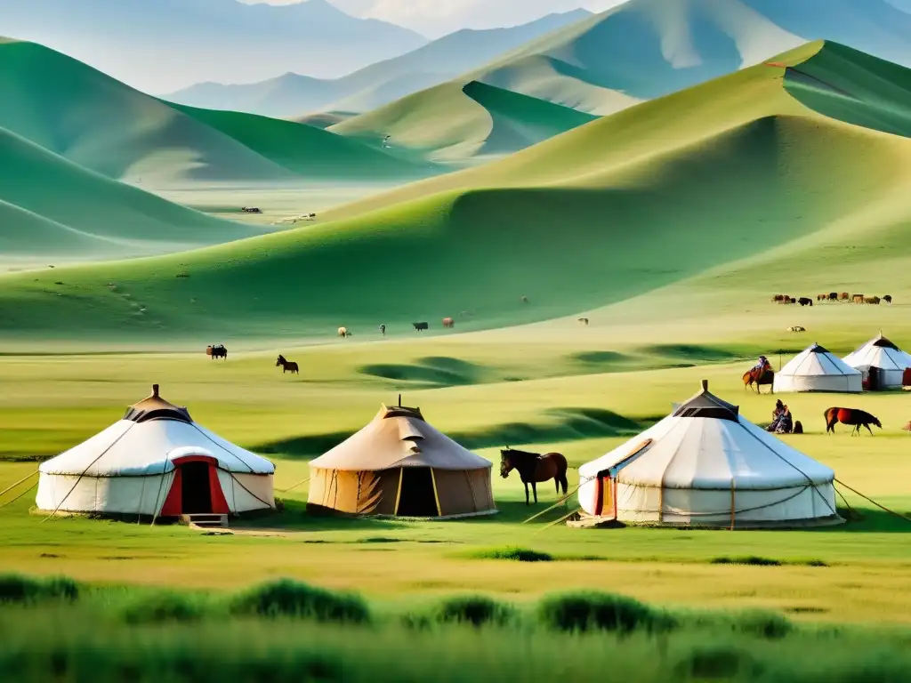 Vista impresionante de un campamento nómada mongol con yurtas, caballos y actividades diarias, mostrando la tecnología medieval en el Imperio Mongol