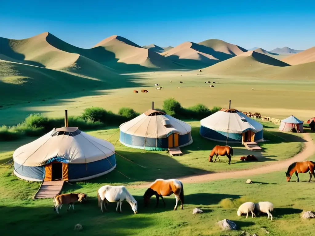 Vista impresionante de un campamento de yurtas en la estepa mongol, con pastores y la esencia de la diplomacia en el Imperio Mongol