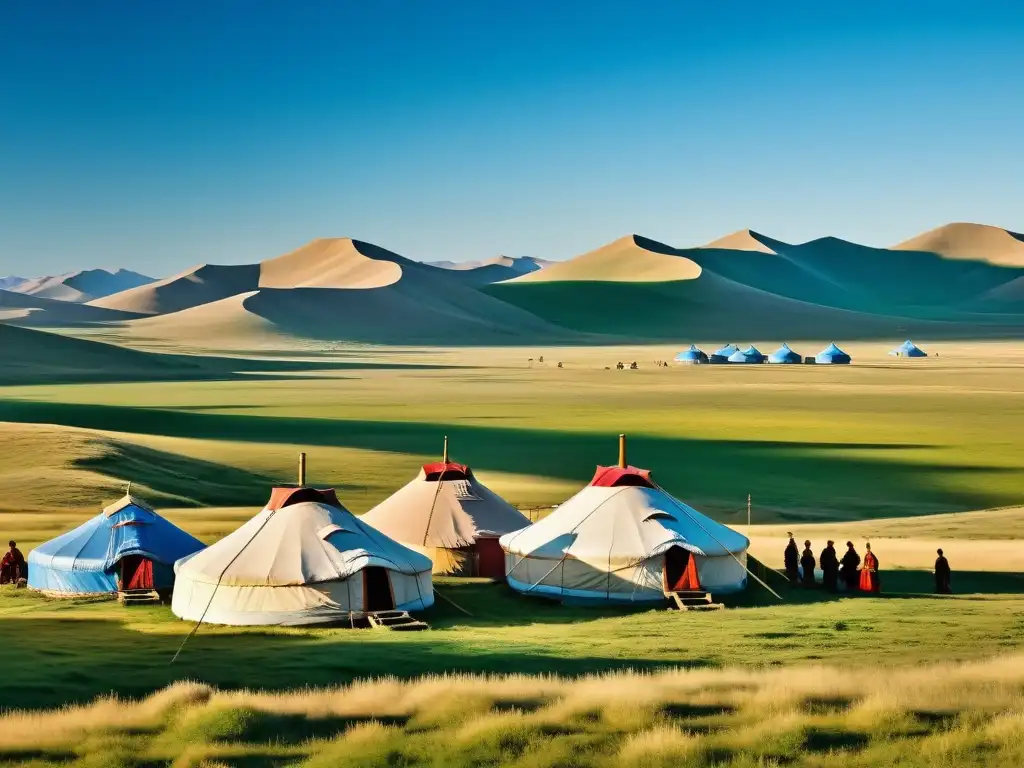 Vista impresionante de la estepa mongola y campamento yurta con reunión de la administración de justicia en el Imperio Mongol