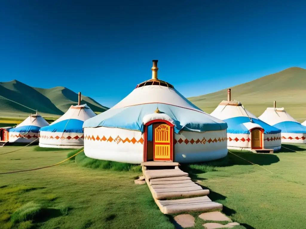 Vista impresionante del campamento de yurtas tradicionales en las praderas de Mongolia, reflejando el legado yasas del Imperio de Gengis Khan