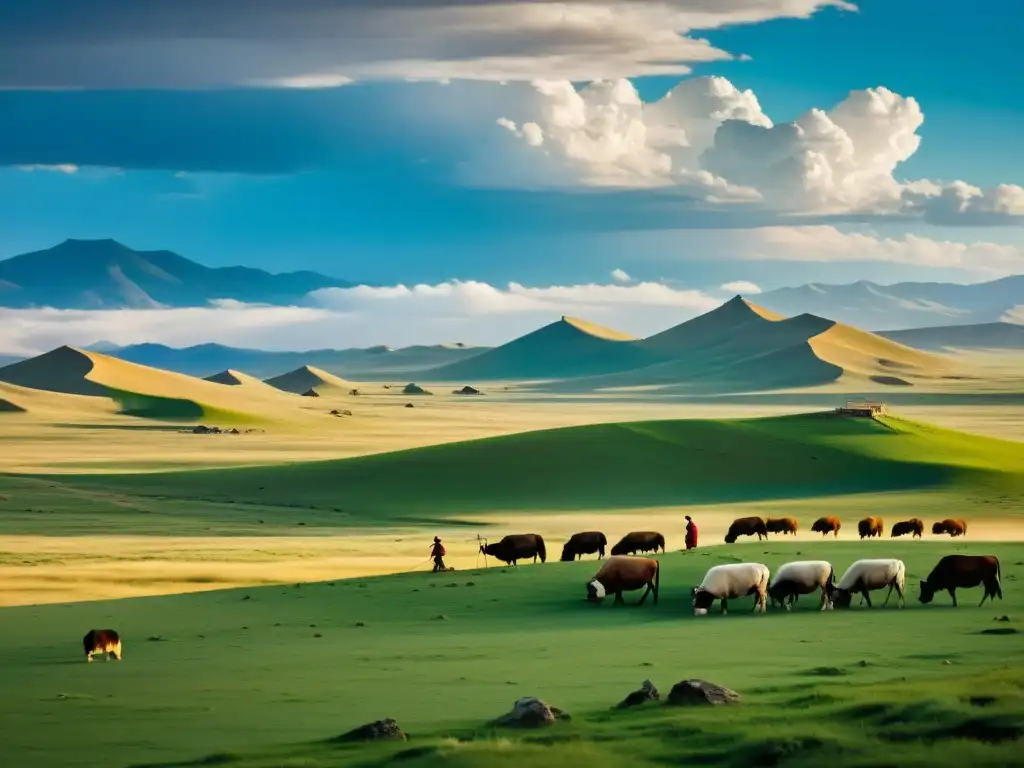 Vista impresionante de las estepas mongolas con pastores nómadas y la silueta de una antigua fortaleza en ruinas