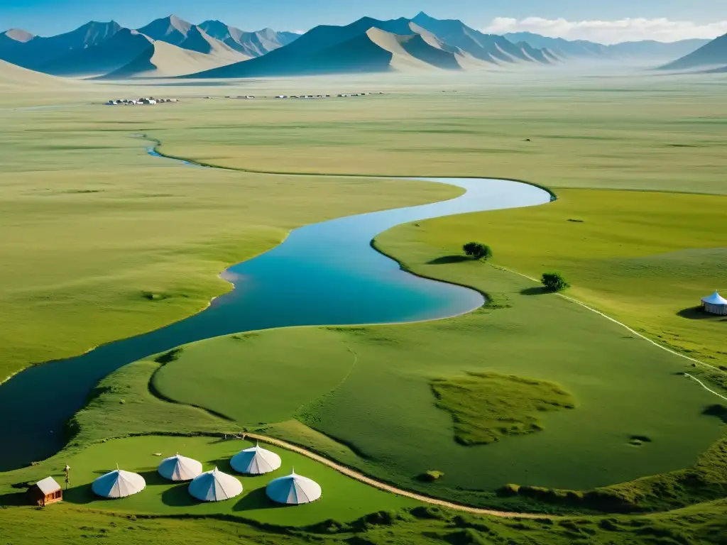 Vista impresionante de las estepas mongolas, yurtas tradicionales y el tejido social Mongolia unificación de la comunidad nómada