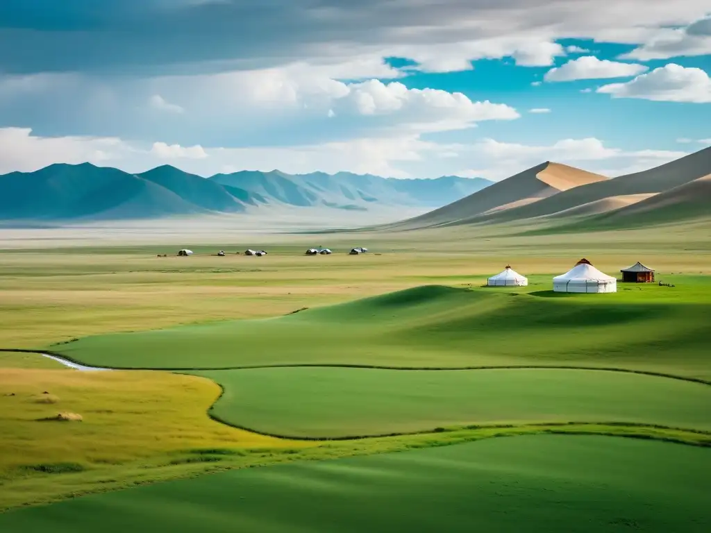 Vista impresionante de las estepas mongoles, con un asentamiento de yurtas en la distancia