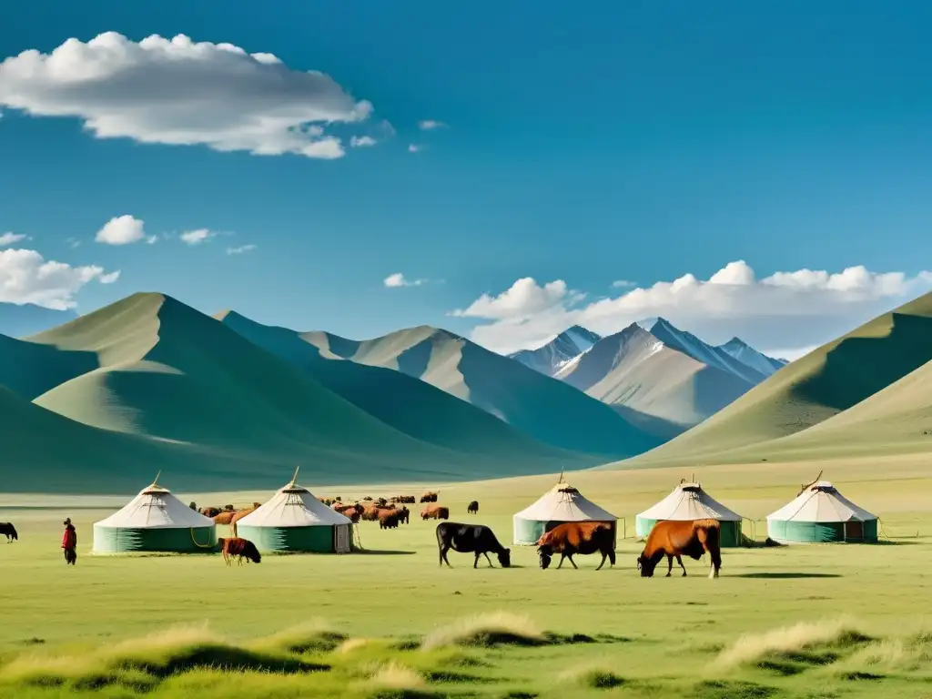 Pastores nómadas en las vastas praderas de Mongolia: vida tradicional y paisajes impresionantes Vista impresionante de las estepas de Mongolia con pastores nómadas y sus rebaños, mostrando la explotación de recursos naturales en el Imperio Mongol