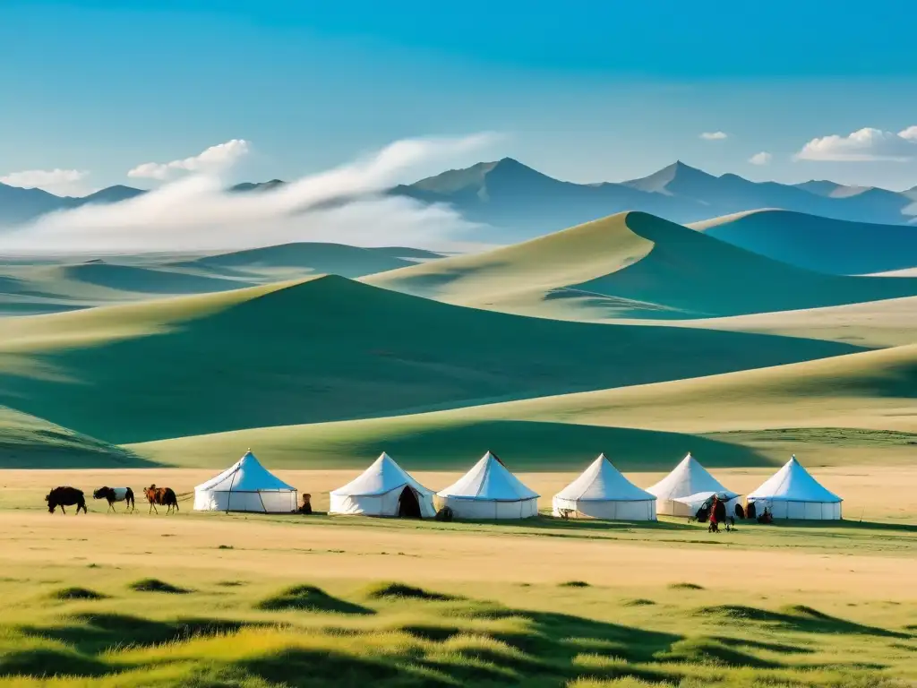 Vista impresionante de las estepas de Mongolia con pastores nómadas y tiendas de campaña, evocando el legado de Jochi Khan en las estepas