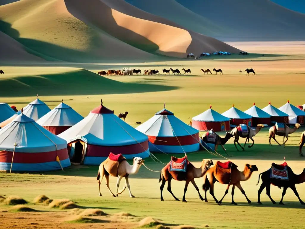 Vista impresionante de la Feria del Camello en Mongolia, con tradición nómada, yurtas y majestuosos camellos en la estepa