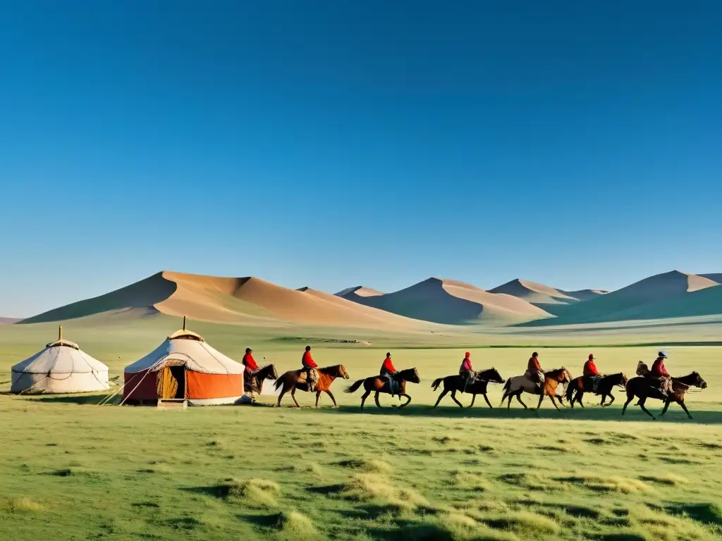 Vista impresionante de la estepa mongol con herders en caballo, destacando el legado y la jurisprudencia de Mongolia