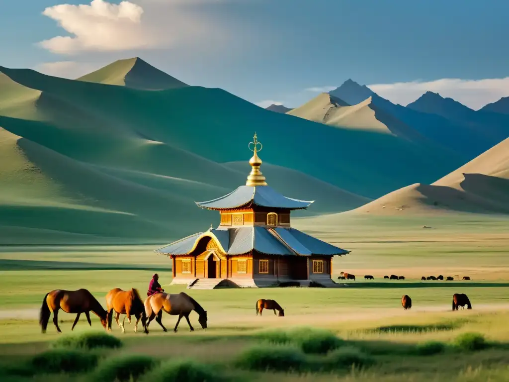 Vista impresionante de una Iglesia Ortodoxa Mongol en la vasta estepa, con nomadas y caballos, bañada en luz dorada del atardecer