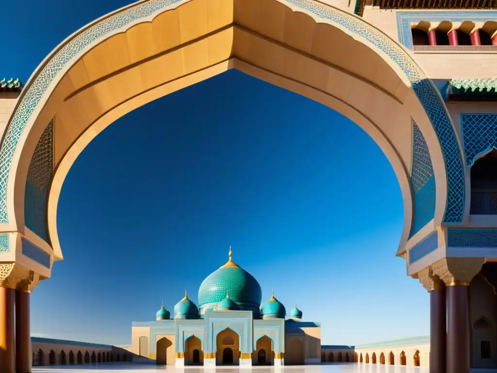 Vista impresionante de influencias culturales entre mongoles e islámicos en majestuosa mezquita rodeada de mercados y vida cotidiana