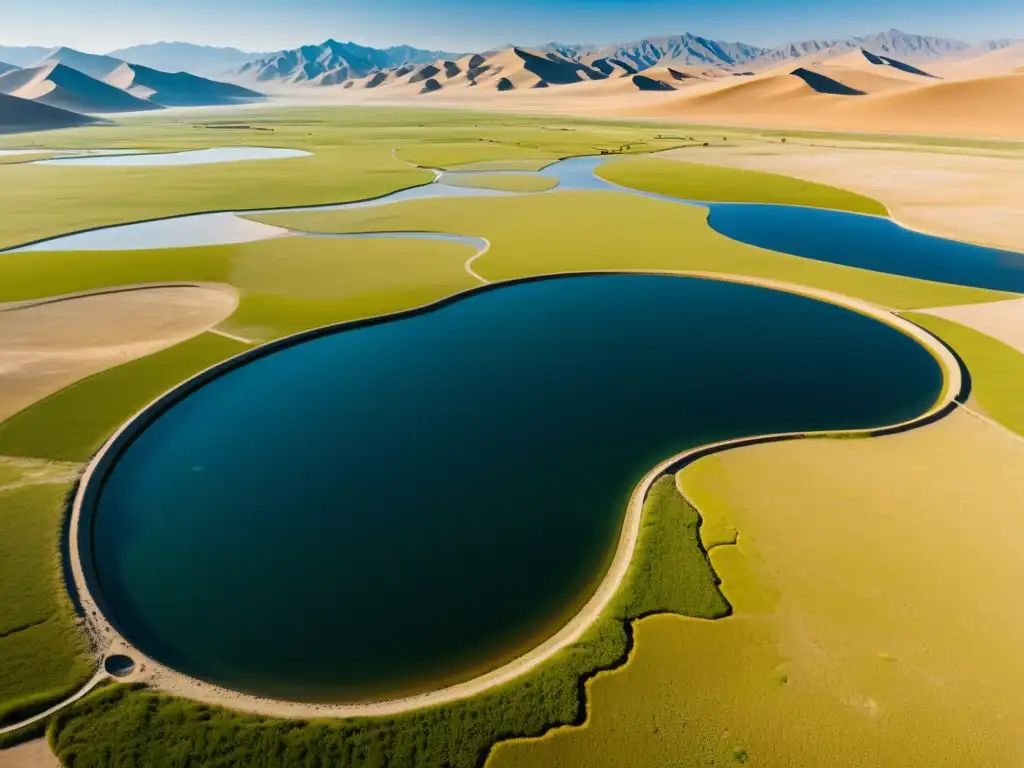 Vista impresionante de innovaciones mongolas recursos hídricos en el desierto, reflejando la armonía entre naturaleza y creatividad humana