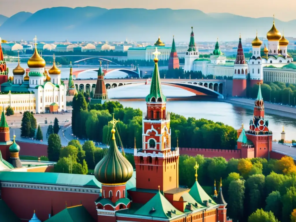 Vista impresionante del Kremlin en Moscú, con cúpulas coloridas y murallas imponentes, evocando la transición de poder en Rusia postmongola