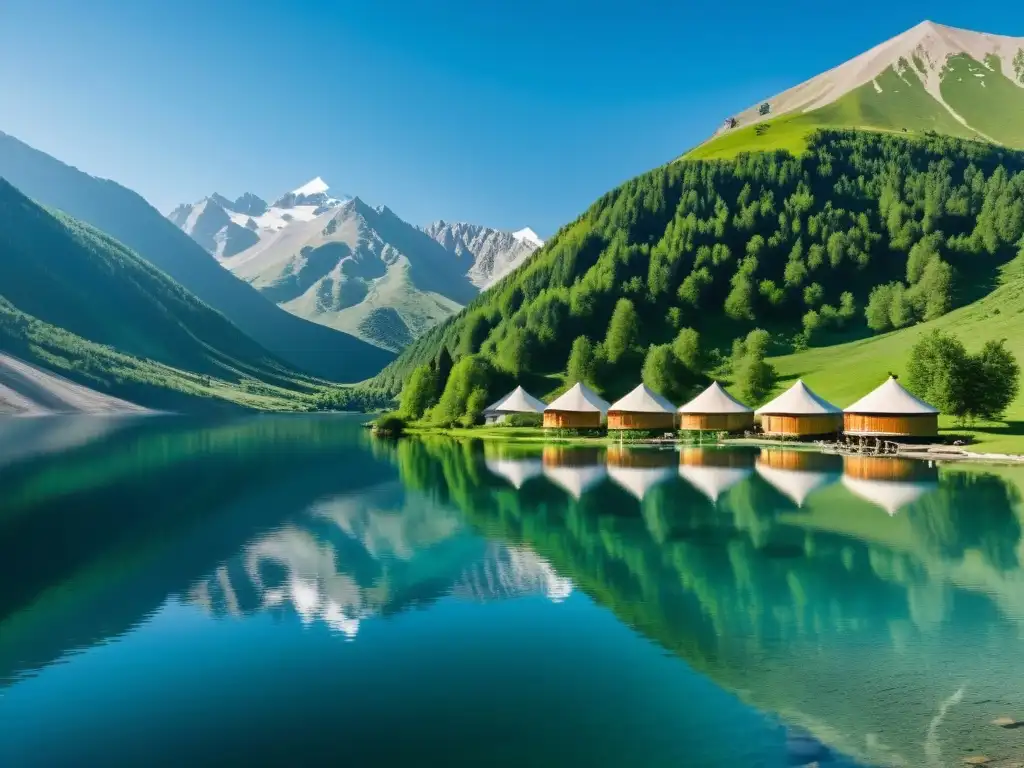 Vista impresionante del Lago Khövsgöl en Mongolia, reflejando las montañas y yurtas a lo largo de la costa