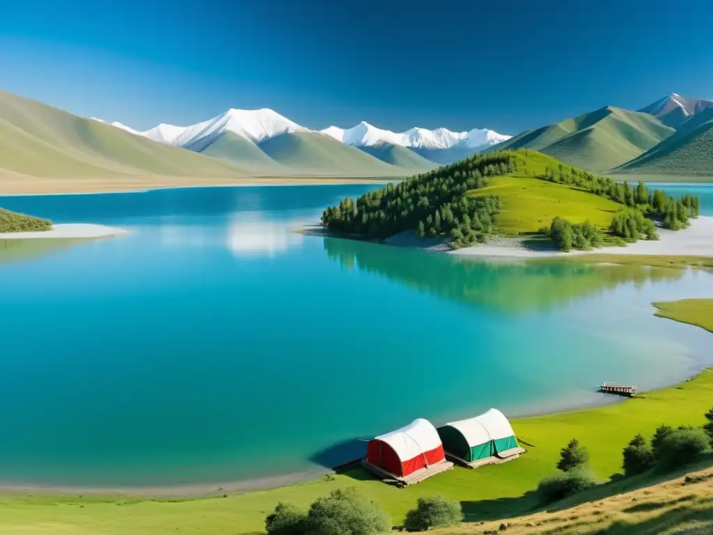 Vista impresionante del Lago Khövsgöl en Mongolia, con sus aguas azul cristal rodeadas de montañas nevadas y yurtas tradicionales en la orilla