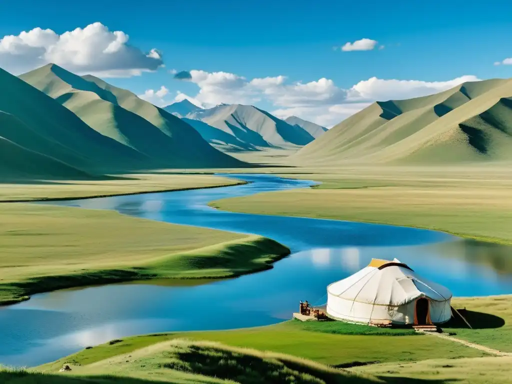 Vista impresionante del legado cultural del Imperio Mongol en la vasta naturaleza de Mongolia, con un yurta nómada y majestuosas montañas