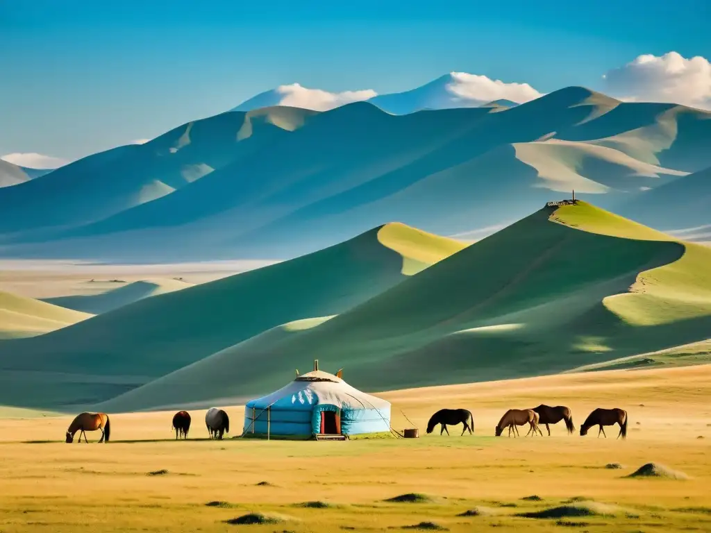 Una vista impresionante de la majestuosa estepa mongol con yurta tradicional y caballos pastando